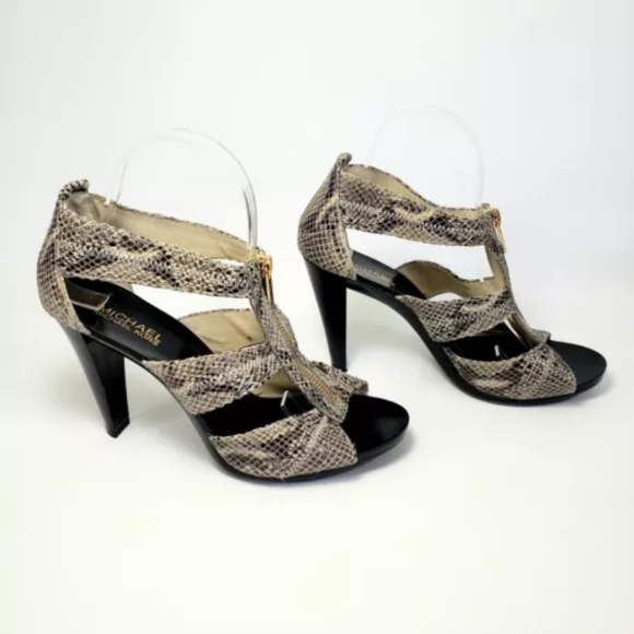 MICHAEL KORS  Women’s Berkley T-Strap Embossed Snakeskin Heels Sandals Size 8M✌️ - Picture 2 of 11